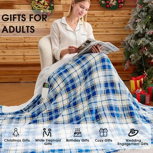 Heated Blanket Electric Throw 50X60 Heating Throw with 10 Levels 8 Hours Auto Off, Blue Plaid Sherpa Blanket Winter Warmer, Home Decor for Couch Bed Office, Mothers Day Gifts for Mom, Women - Thumbnail 5