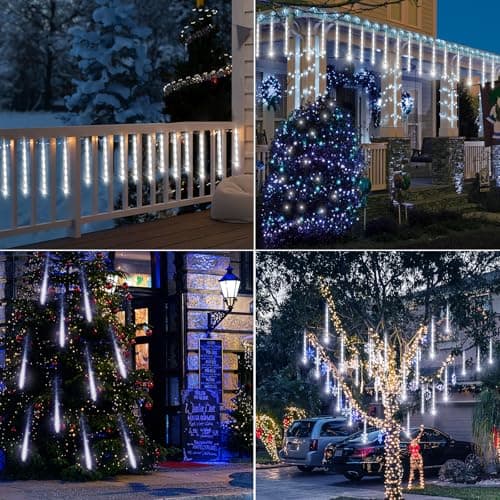 Christmas Decoration Outdoors- 32 Tubes (Equivalent to 4 Sets of 8-Tubes) Meteor Shower Rain Lights, White Falling Rain Lights for Christmas Decor Xmas Tree Halloween Yard Wedding Party, UL Plug - Thumbnail 6