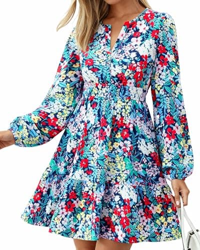 BTFBM Spring Dresses for Women 2026 Mini Long Sleeve Elastic Waist Summer Vacation Outfits Floral Wedding Guest Dress(Multi Blue, Large) - Image 1