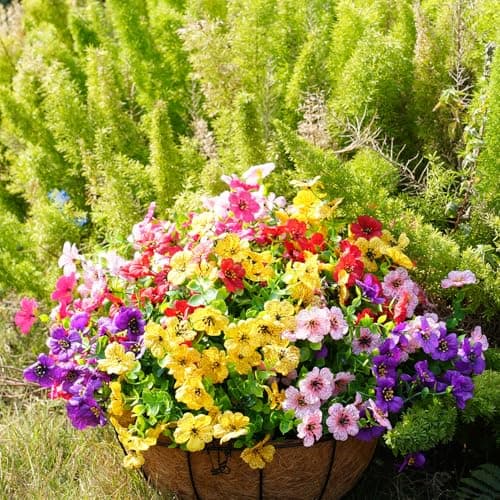 trytuny Artificial Flowers for Outdoor, UV Resistant Fake Silk Flowers, Realistic Faux Plants for Outside Indoor Porch Patio Window Box Planter Home Decor (20, Yellow Purple Rosy Pink Red) - Thumbnail 5