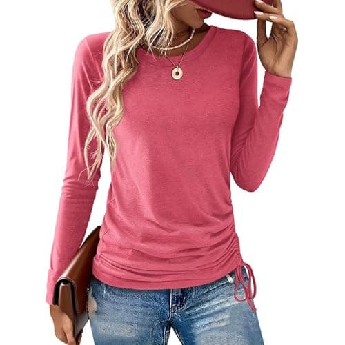 AIZHINENG Womens Long Sleeve Shirts Crewneck Tops Casual Fall Spring Trendy T-Shirts Outfits Clothes 2025 Rose Red - Image 1