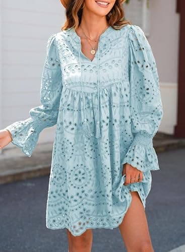 Dokotoo Womens Dresses 2026 Cotton Long Sleeve Tassel V Neck Short Blue Dress A Line Hollow Out Lace Ruffle Cute Dress Elegant Casual Beach Party Dresses Small - Thumbnail 3