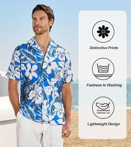 Damipow Hawaiian Shirt for Men Short Sleeve Beach Vacation Shirt Floral Summer Casual Button Down Shirts,Blue Flower,5XL - Thumbnail 3