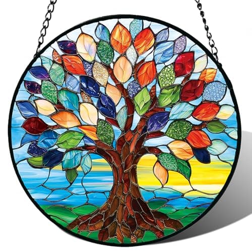Stained Glass Window Hanging, Colorful Tree of Life Suncatcher for Door Home Decor, Glass Panel Sunrise Sun Catcher Ornament Mother's Day Birthday Gifts for Women Men Mom 6.3 in