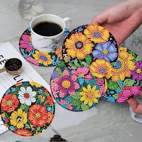 ijbnhd 8 Pcs Flowers Diamond Art Coasters with Holder-DIY Flowers Diamond Painting Coasters 5D Gem Art Coaster with Cork Pads for Adults (4X4inch) (Cork Wooden Pad) - Thumbnail 5
