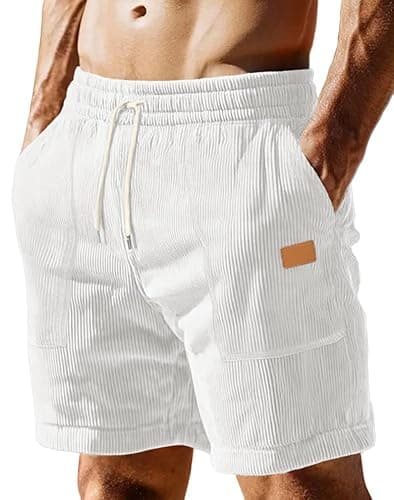 Sailwind Workout Shorts Men Casual Corduroy Drawstring 7 inch Inseam Summer Beach Shorts for Men White - Image 1