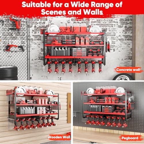 POKIPO Upgrade Large power tool organizer Wall Mount,4 Layers Heavy Duty Metal Loads 400lbs Power Tool Hanger Shelf Battery Storage with 8 Cordless Drill Bit Holder,Utility Racks for Garage Tool Room - Thumbnail 6