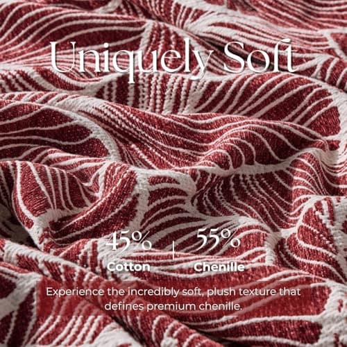 DOWN HOME Chenille Cotton Throw Blanket for Couch, Lightweight Boho Blanket for Bed Sofa Chair Living Room Outdoor Soft Woven Decorative Blanket with Tassel Gift Red Leaves 55"x60" - Thumbnail 3
