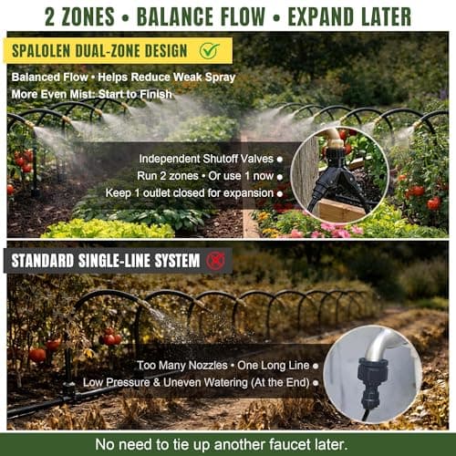 66FT Drip Irrigation System Kit Dual-Zone Garden Atomizing Watering System with 20 Copper 360° Adjustable Bendable Nozzles, Y-Splitter, Leak-Proof 1/4" Misting System for Garden Greenhouse Raised Beds - Thumbnail 3