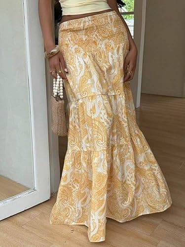 ZAFUL Women’s Summer Boho Maxi Skirts Bohemian Print Smocked High Wasited Flowy Tiered Ruffle Long Beach Skirt Yellow XS - Thumbnail 6