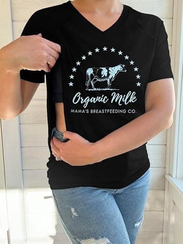 LUKYCILD Nursing Shirts for Breastfeeding Women Zipper Nursing Maternity Graphic Tee Mama Breast Feeding V Neck Tops Black - Thumbnail 4