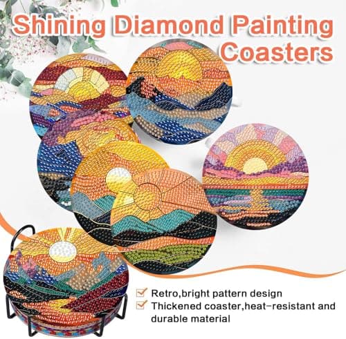 ijbnhd 8 Pcs Sunset Diamond Art Coasters Kits, Sunset Diamond Painting Coasters Kit with Holder, Non Slip Coaster Crafts Kits for Adults Gifts 4x4 inch (Cork Wooden Pad) - Thumbnail 5