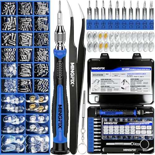 Eyeglass Sunglass Repair Kit,MINGFIX Magnetic Eye Glasses Repairing Tool Kit with Assorted Screws,Nose Pads,Small Screwdriver Bit Set & Tweezer with Mini Travel Case for Glasses,Sunglasses and Others