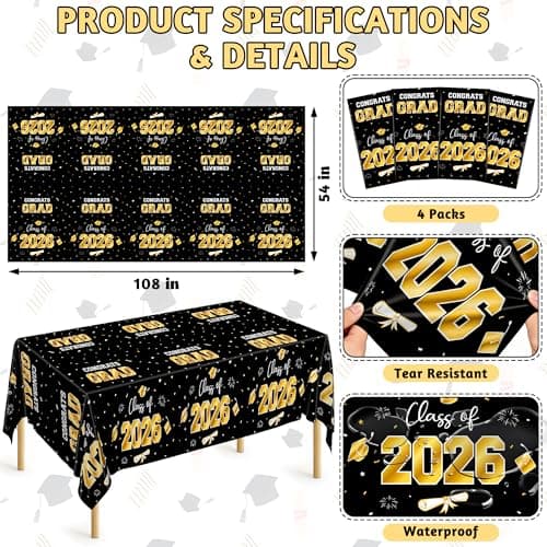 QZYL 4 Pack Graduation Decorations, 54" x 108" Black and Gold Rectangle Graduation Table Cloths, Plastic Tablecloth for College Congrats Grad, Disposable Grad Party Decorations for Class of 2026 - Thumbnail 2