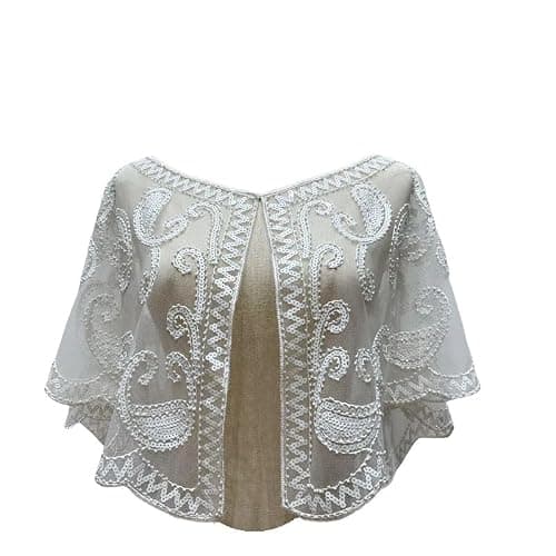 RiJinDuoJin 1920s 50s Shawl Wraps Sequin Beaded Shawl Wedding Bridal Wrap For Evening Dresses Gatsby Party Harlem Night Accessories - White - Image 1