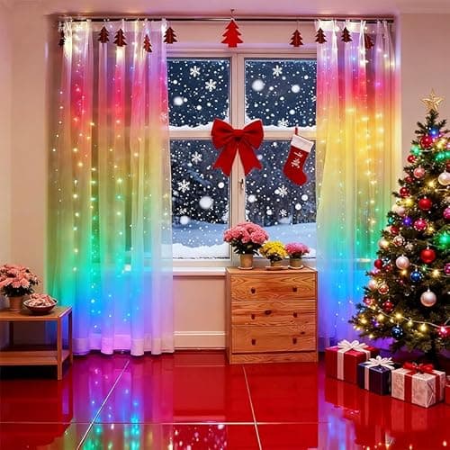 300LED Fairy Curtain Lights, 9.8x9.8Ft Warm White USB Plug in 8 Modes & Timer Christmas String Hanging Lights with Remote for Bedroom Indoor Outdoor Weddings Party Wall Decorations(rainbow) - Thumbnail 3