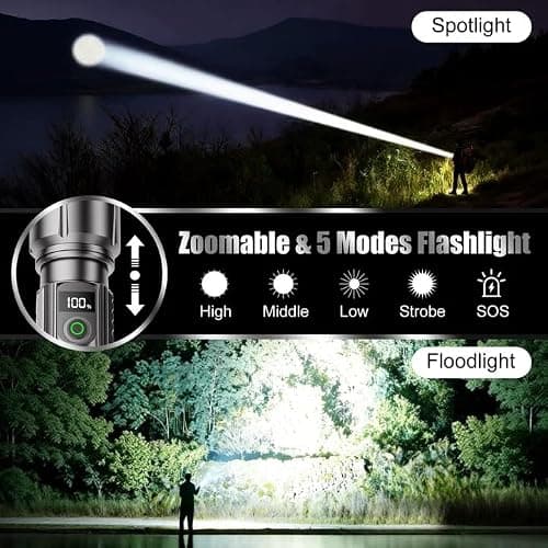 SKYFIRE Rechargeable Flashlight, 10000mAh 3000 Lumens LED Flashlight with Ignition Lens, Zoomable, Waterproof, 5 Modes for Camping, Outdoor & Home Emergencies - Thumbnail 4