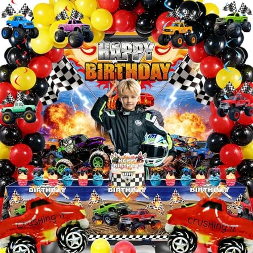 Truck Birthday Party Decorations Kit – 77Pcs Truck Theme Supplies with Reusable Backdrop, Hanging Swirls, Table Cover, Truck Foil Balloons, Cake Toppers & Latex Balloons for Truck Party, Room Decor - Thumbnail 5
