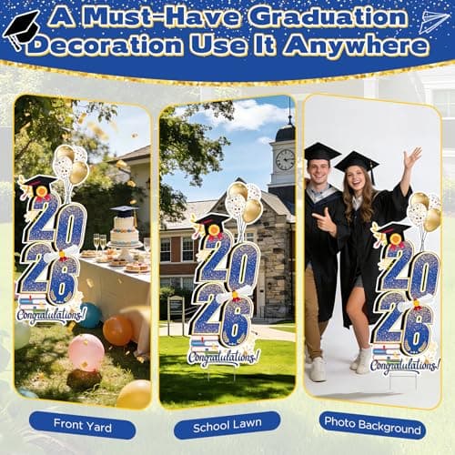 2026 Graduation Decorations Yard Sign, 3.5 FT Tall Class of 2026 Congrats Grad Yard Sign with Stakes for Outdoor Indoor Graduation Party Garden Lawn Decoration Supplies(Blue Gold) - Thumbnail 6