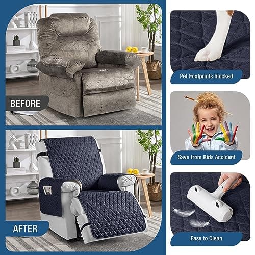 TAOCOCO 100% Waterproof Recliner Chair Covers, Non Slip Recliner Covers that Stay in Place, One-Piece Washable Reclining Chair Cover with Elastic Straps, Dark Blue, Fits 28" Seat Width - Thumbnail 5