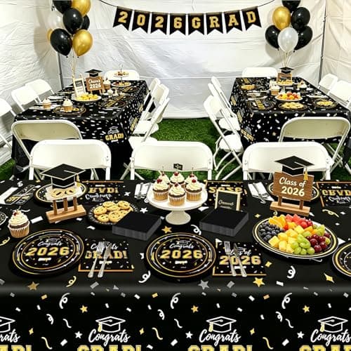 Graduation Decorations 2026 Class of 2026 Congrats Grad Disposable Paper Plates Luncheon Napkins Cocktail Napkins Black Gold Graduation Party Supplies Serve 50 - Thumbnail 6