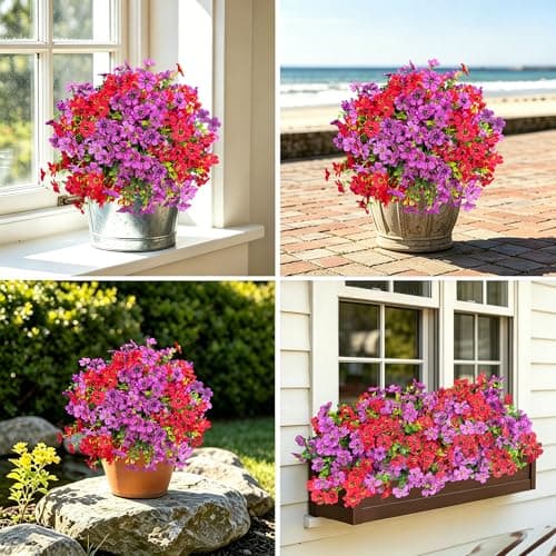 QSPEROV Artificial Flowers for Outdoors UV Resistant, 12 Bundles Realistic Faux Daisy with Eucalyptus Leaves Fake Plants for Porch Patio Planter Garden Decoration (Red Light Purple) - Thumbnail 3