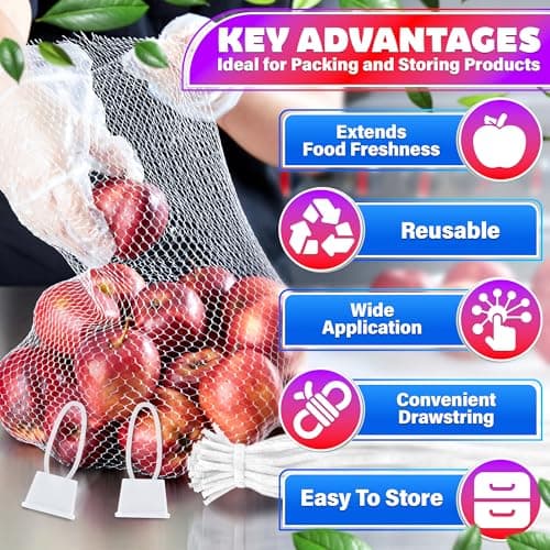 24" Mesh Produce Bags Set of 100 - Reusable Produce Bags with Plastic Lock, Durable & Tear Resistant Mesh Bag Set - Multi-use Onion Bag for Easy Storage of Fruits, Vegetables, Potatoes and Seafood - Thumbnail 4