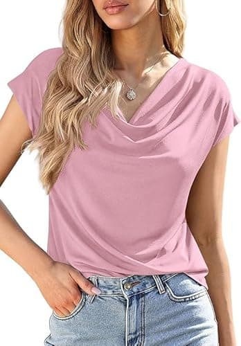 BTFBM Cowl Neck Tops for Women 2026 Spring Womens Tops Dressy Casual Business Blouses Short Sleeve Shirts Summer Outfits(Pink, Small) - Image 1