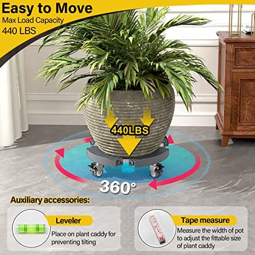 Goovilla Heavy Duty Plant Stand with Wheels - 1Pack Adjustable 15-22 Plant Caddy with Lockable Caster Wheels 440LBS, Rolling Stand/Dolly for Indoor/Outdoor Large Planters, Flower Pots, Gray - Thumbnail 2