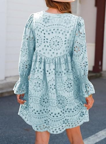 Dokotoo Womens Dresses 2026 Cotton Long Sleeve Tassel V Neck Short Blue Dress A Line Hollow Out Lace Ruffle Cute Dress Elegant Casual Beach Party Dresses Small - Thumbnail 2