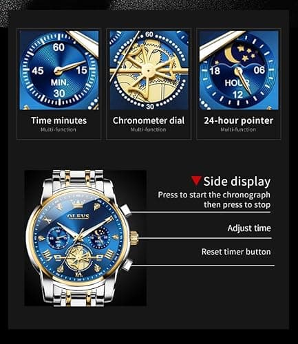 OLEVS Watch Men Blue Dial Black Stainless Steel Luxury Chronograph Dress Analog Quartz Wrist Watches for Men Waterproof Moon Phase Fashion Luminous Nice Mens Watches Relojes para Hombres - Thumbnail 5