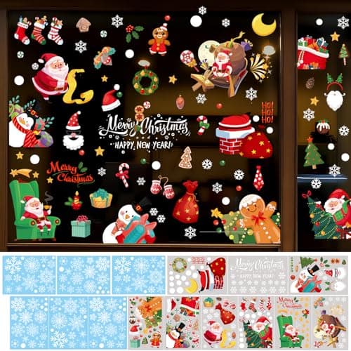 295PCS Christmas Window Clings Kids Room Big Windows Stickers for Glass, Navidad Home Decor Xmas Indoor Decorations Snowflake Santa Claus Reindeer Double Sided Print Decals for Winter Holiday Party