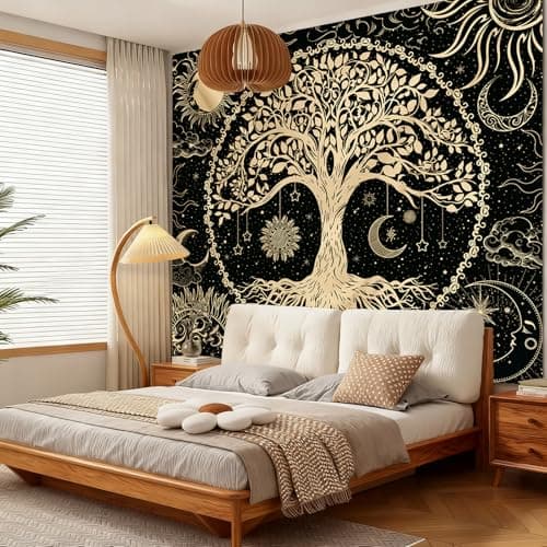 Avinyl Tree of Life Wall Tapestry for Bedroom, Sun and Moon Hippie Tapestries Aesthetic, Black and Gold Wall Hanging Home Decor for Dorm Living Room Office 51in x 60in - Thumbnail 4