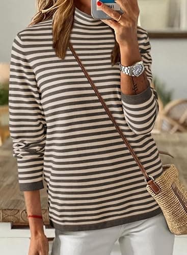 Dokotoo Spring Sweaters for Women 2026 Trendy Turtleneck Khaki Striped Pullover Shirts Knit Sweater Casual Long Sleeve Jumpers Tops Shirts Sweaters Medium - Thumbnail 4