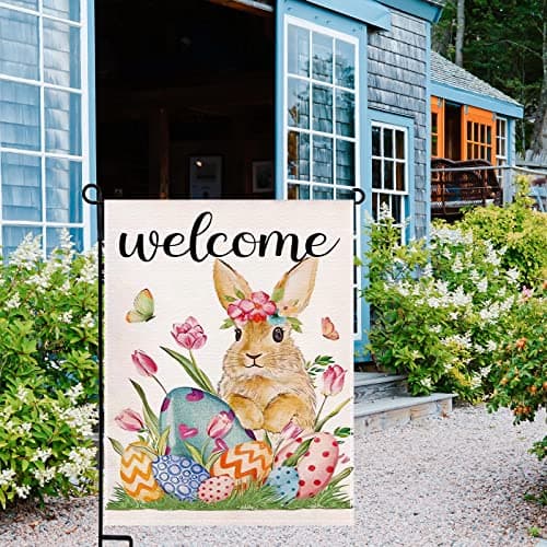 Easter Garden Flag, Welcome Bunny Garden Flag 12x18 Inch Double Sided, Spring Garden Flag for Outside, Burlap Yard Flag for Easter Outdoor Decorations - Thumbnail 6