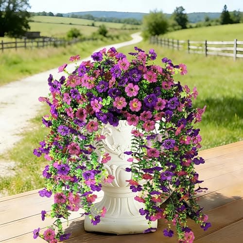 Senjie 4 Pcs Artificial Hanging Flowers for Outdoor Spring Decor, UV Resistant Fake Silk Faux Flowers Plants for Outside Porch Patio Balcony Planters - Image 1