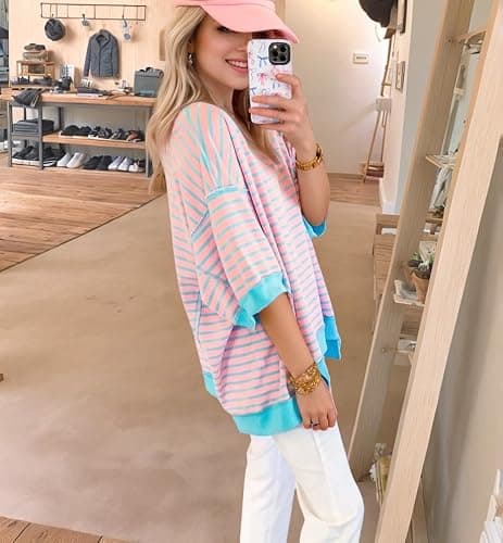 XINWEIZZ Oversized T Shirts for Women Casual Short Sleeve Striped Knit Shirt Crewneck Sweatshirts High Low Loose Blouse Tops - Thumbnail 3
