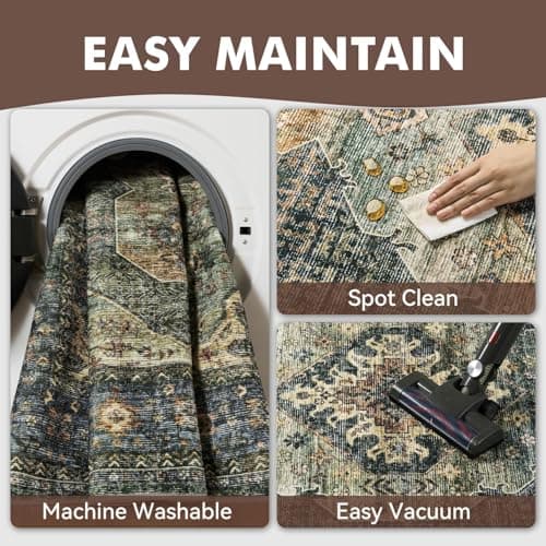 Olive Green 5x7 Area Rugs for Living Room Bedroom Rug Washable Soft Vintage Neutral Farmhouse Dining Room Office Rug Carpet Water Repellent Easy Care Non Slip - Thumbnail 6
