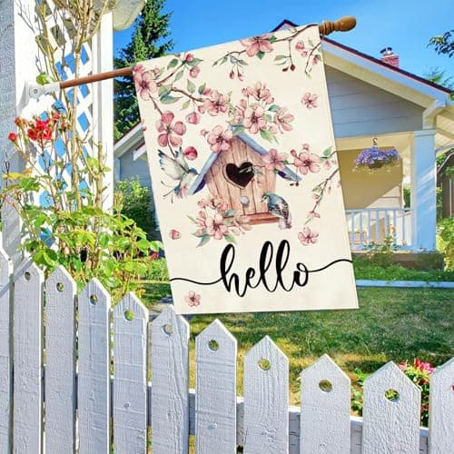 Baccessor Spring House Flag, Pink Bird House Cherry Blossoms Large Yard Flag for Outside Double Sided Burlap Porch Decor 28 x 40 Inch - Thumbnail 2