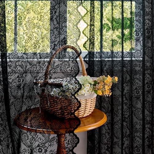 Draphelle 2 Panels 54 x 63 Black Lace Privacy Curtains, Elegant Vintage Floral Paisley Decor Sheer Curtain Panels for Halloween/Bedroom Witchy