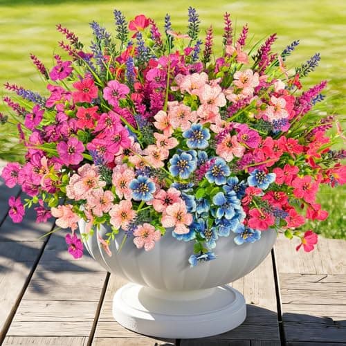 ICX 20pc Faux Flowers for Outdoor Planters, Fake Flowers for Outside with Violets & Lavender, Silk Flowers UV Resistant Realistic for Front Door, Porch, Yard, Patio, Window Box, Hanging Basket - Image 1
