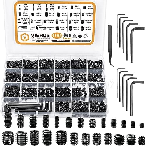 VIGRUE 1105PCS 25 Sizes Metric & SAE Set Screw Assortment Kit Internal Hex Drive Allen Grub Screws Set Cup-Point Alloy Steel, M3 to M8 and 1/8-40 to 5/16-18 - Image 1