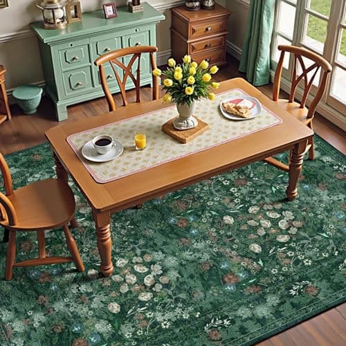 Green Dining Room Rugs for Under Table, Washable Boho Floral 6x9 Area Rug for Living Room, Bedroom, Nursery, Home Office - Vintage Distressed Low Pile Non Slip Carpet, French Country Art Deco Mat - Image 1
