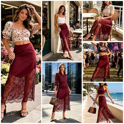 Women's 2026 Lace Patchwork Bodycon Skirt - High Waist Elegant Solid Maxi Long Skirt (US, Alpha, Small, Regular, Regular, Red) - Thumbnail 2