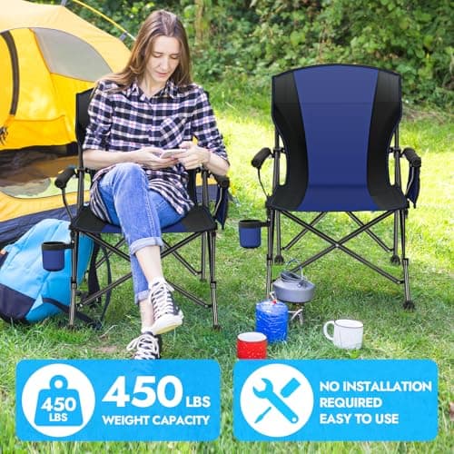 2 Pack Oversized Folding Camping Chair for Adults, Supports 450 LBS Camping Chairs, Heavy Duty Camping Chair with Side Pockets, Foldable Outdoor Chair for Camping, Beach, Fishing, Hiking, Blue-Black - Thumbnail 3