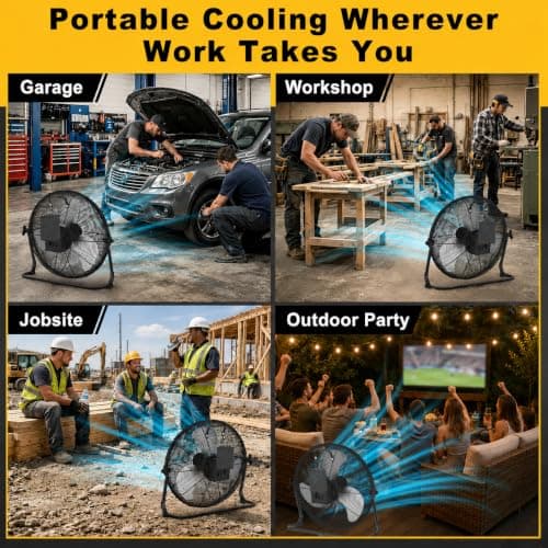 CREPOW 16" Portable Cordless Fan Compatible with Dewalt 20V Max Battery, Battery Powered Floor Fan, AC Adapter, USB&Type-C Charging, 2500 CFM Stepless Speed for Jobsite Garage Warehouse(No Battery) - Thumbnail 2