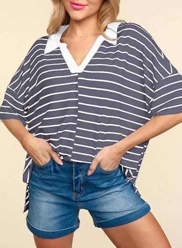 Dokotoo Tops for Women Trendy 2026 Summer Grey Striped Polo Shirt Women Short Sleeve Shirts for Women Dressy Casual Womens Tops Color Block Women's Blouses Oversized Tshirts Women Clothing S - Thumbnail 4