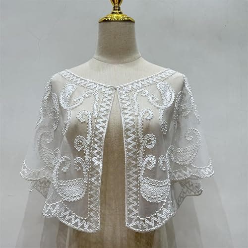 RiJinDuoJin 1920s 50s Shawl Wraps Sequin Beaded Shawl Wedding Bridal Wrap For Evening Dresses Gatsby Party Harlem Night Accessories - White - Thumbnail 2