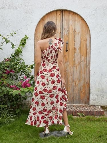 GRACE KARIN Women 2026 Summer One Shoulder Dresses High Waist Floral Flowy Boho Smocked Wedding Guest Maxi Sundress - Thumbnail 3