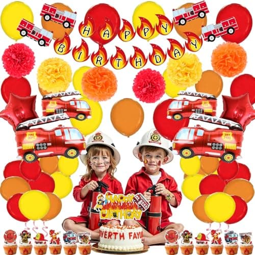 Fire Truck Birthday Party Decorations Kit – Fire Truck Balloons, Firefighter Theme Supplies with Banner , Table Cover, Cake Toppers, Tattoo Stickers for Kids & Boys - Thumbnail 5